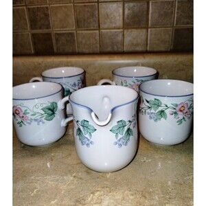 Vintage Ranmaru Kensington Japan 4940 Pink & Blue Flower 4 Cups 1 Creamer